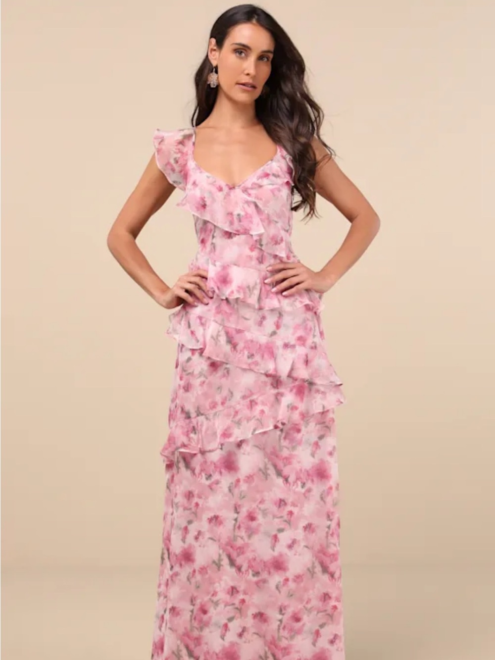 NWT Lulu's Pink Floral Ruffled Maxi Dress